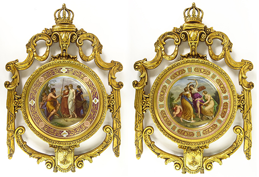 Lots 63 and 64, two 19th-20th century Royal Vienna porcelain chargers, ‘Urtheil de Paris’ (Judgment of Paris) and ‘Grazien U. Schlaftender Amor,’ totaled $16,520. Kodner Galleries image.